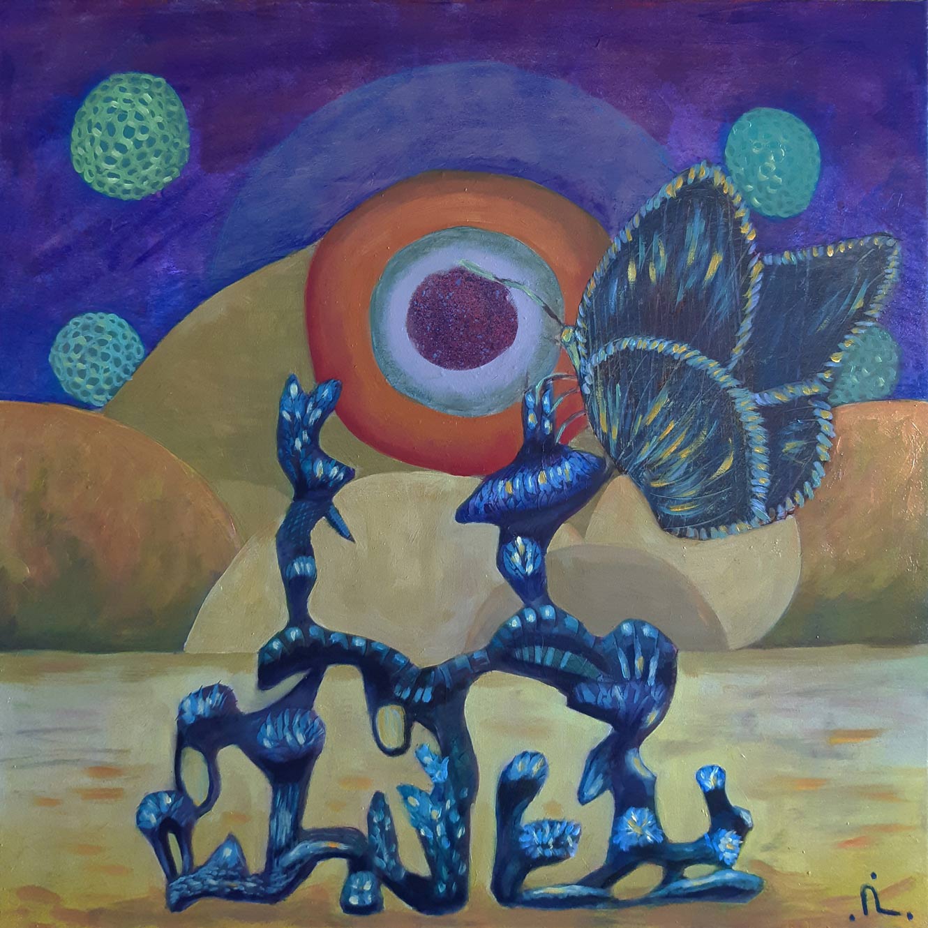 2023-24. On the Butterfly Planet. <br>50x50 cm. Olieverf op doek. </br>