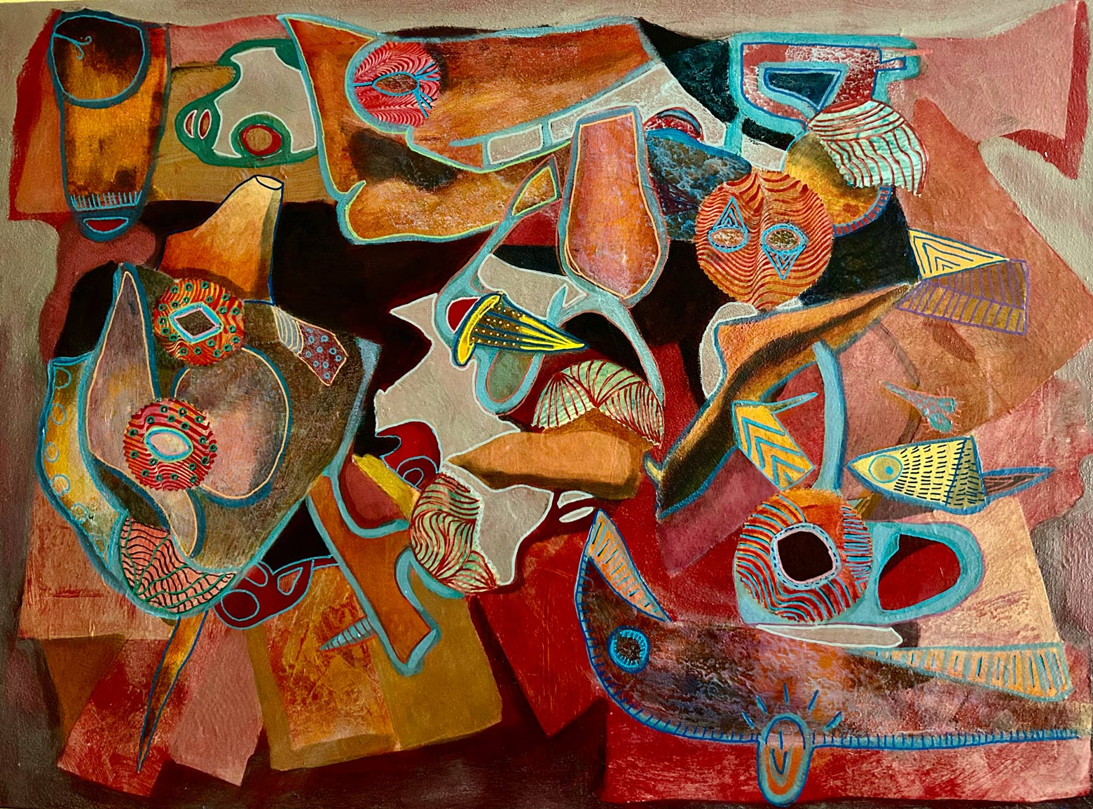 2023-28. Little Fish in the Maze. <br>60x80 cm. Acrylic, monoprint on rice paper, collage on canvas. </br>