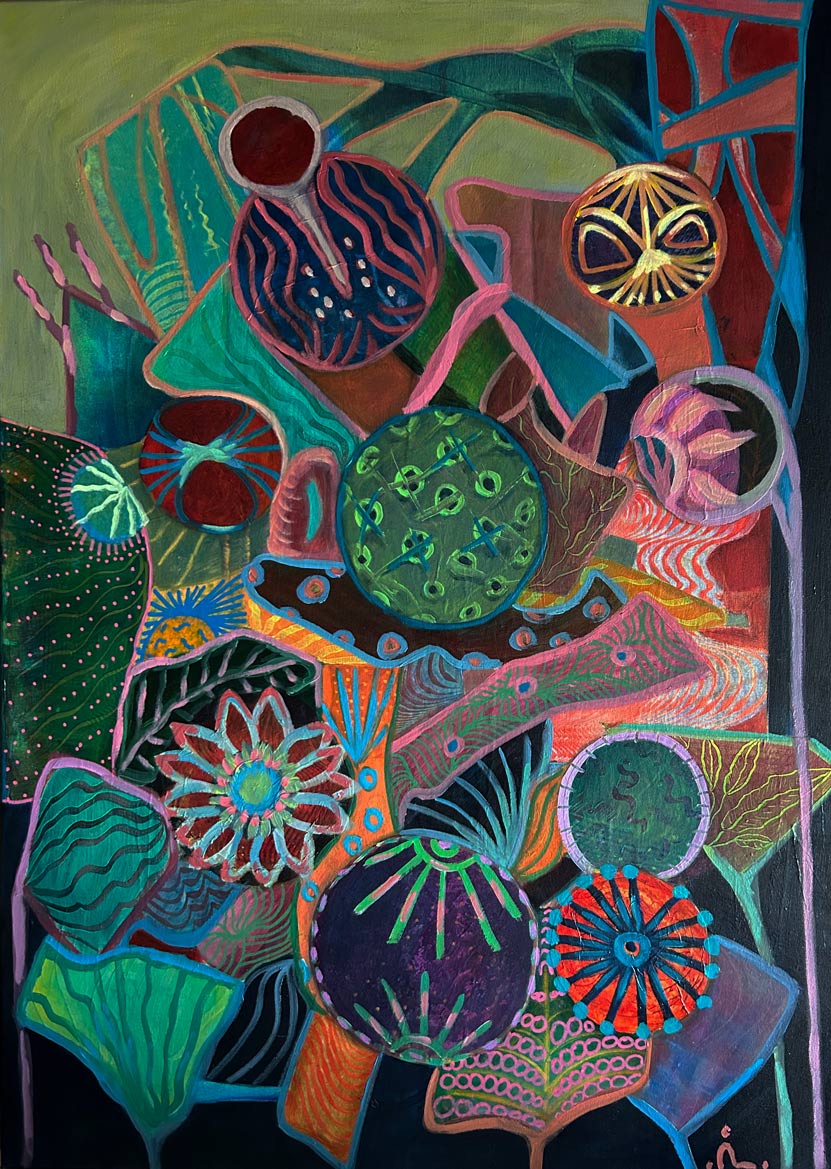 2024-1. Wildflowers in bloom.<br>70x50cm.  Olieverf, monoprint op rijstpapier, collage op canvas.</br>