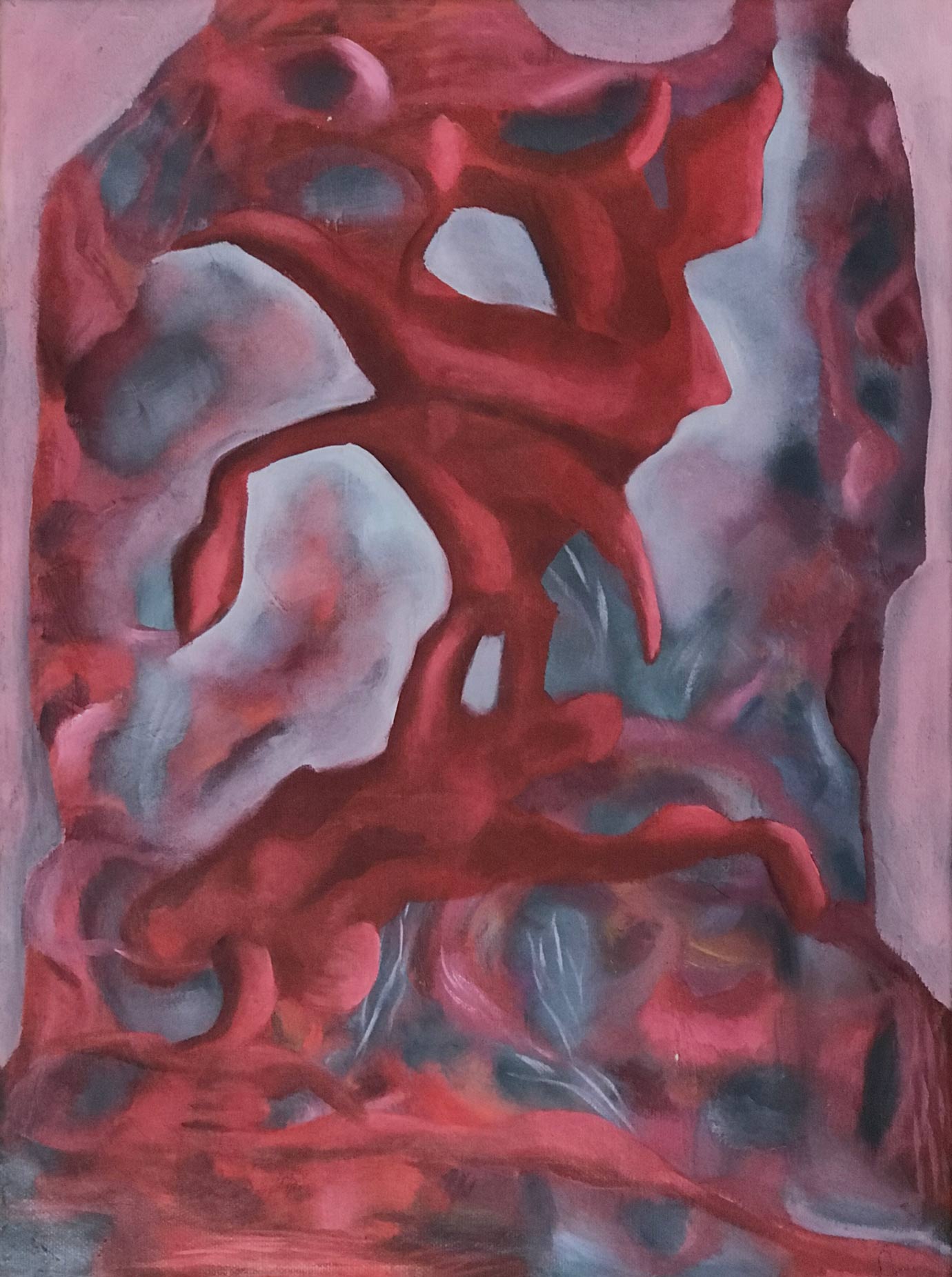 2025-8. Krinklend, winklend waterding met rood kabotsken aan. <br>40x30 cm. Olieverf op doek.</br>